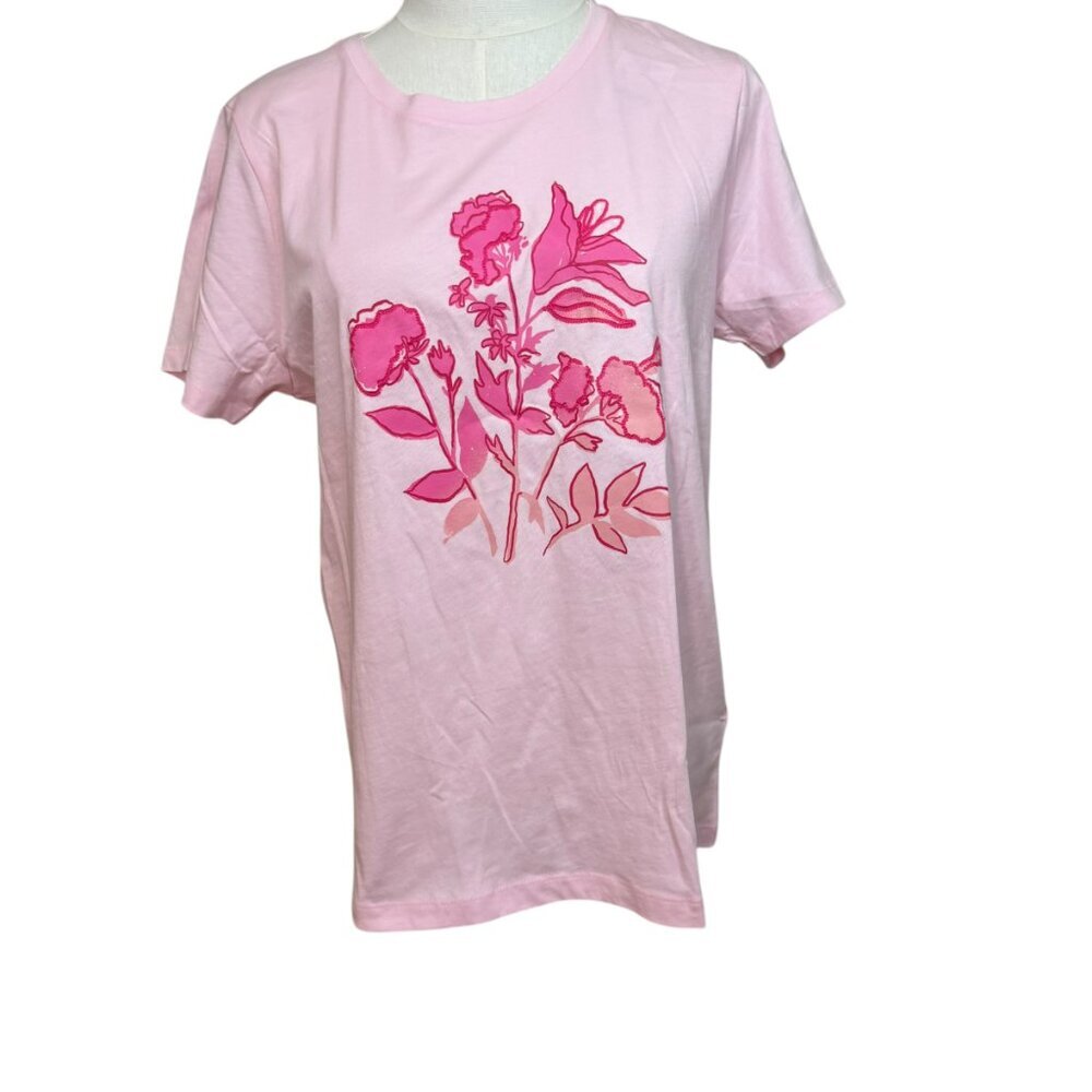 J. Crew Pink short sleeve tee shirt with hot pink floral detail. Size S